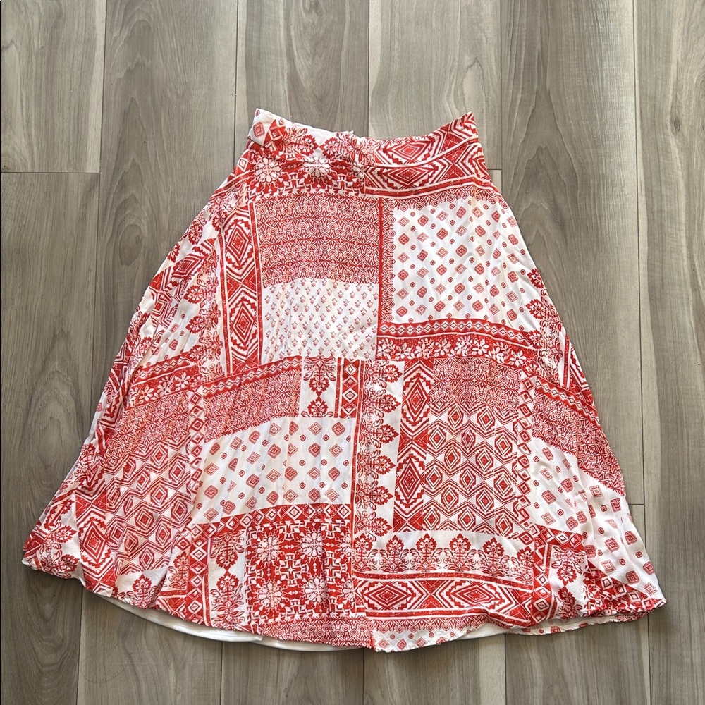 Boho Red & White Patchwork A-Line Skirt | Resort style | Small